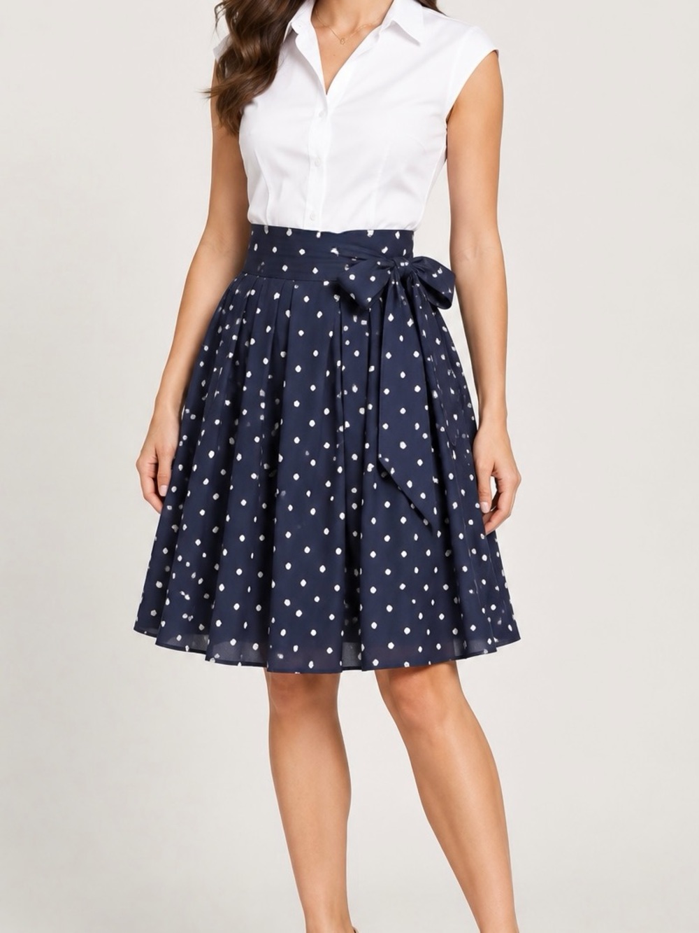 Brooks Brothers Size 2 Navy White Dot Tie Waist A-Line Skirt Knee Length